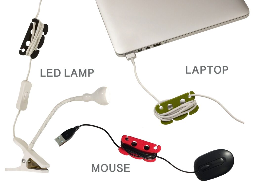Foto di vari utilizzi dell'avvolgicavo Cabletto, per accorciare il cavo di una lampada, di un computer, di un mouse