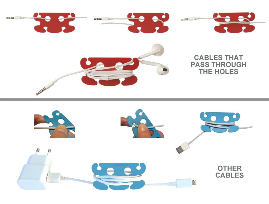 L'avvolgicavo Cabletto si può usare passando il cavo attraverso i due buchi centrali e avvolgendolo ai lati, oppure per cavi che non passano attraverso i buchi, avvolgendoli direttamente