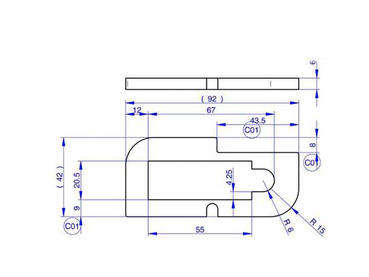 Disegno tecnico per la realizzazione di un inserto per una scatoletta contente un prodotto del cliente