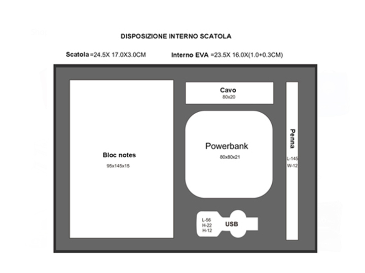 disegno di un termoformato da realizzare in EVA per una scatola kit regalo